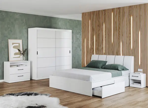 Set dormitor alb pat tapitat - Blanco - Configuratia 12