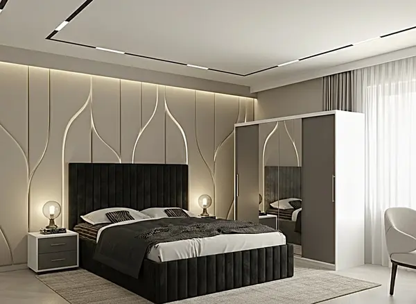 Set dormitor Cairo Negru cu Dulap Londra 200 Alb/Gri