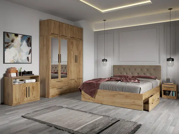 Set dormitor complet Stejar Auriu cu comoda - Madrid - C16