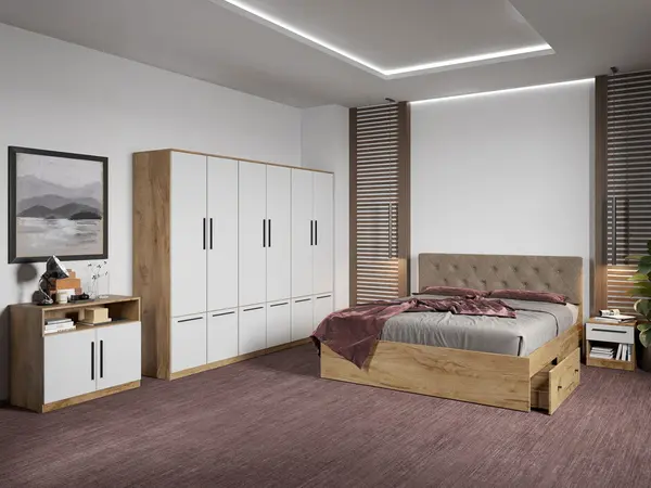 Set dormitor complet Stejar Auriu cu comoda - Madrid - C90