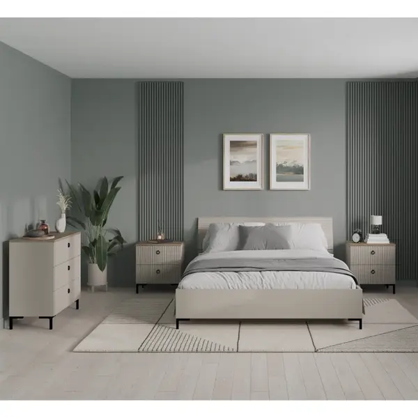 Set dormitor DOMINICA, 4 piese, pat cu somiera rabatabila 160x200 cm, comoda, 2 noptiere, taupe + stejar silverjack