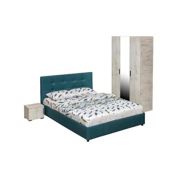 Set dormitor ECONO, 4 piese, pat 140x200 cm, dulap 3 usi, 2 noptiere, pin antichizat + turcoaz