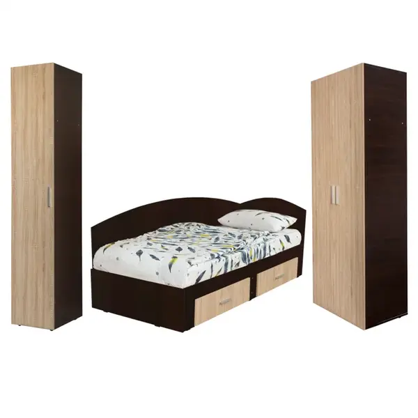 Set dormitor modular ALMA, 3 piese, pat de colt 120x200 cm, colt interschimbabil, dulap 2 usi, dulap 1 usa, sonoma inchis + sonoma deschis
