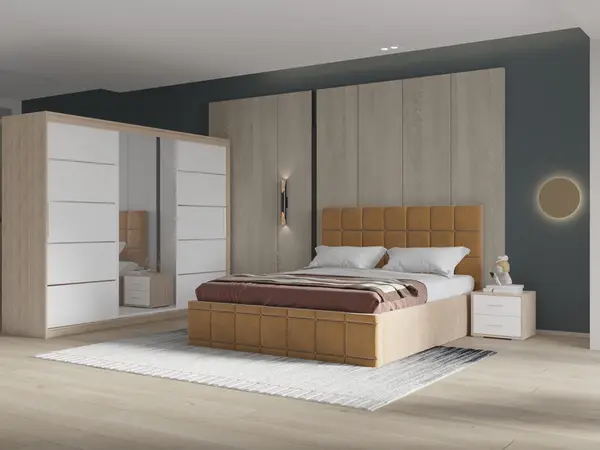Set dormitor Royal 250, Bej cu Dulap Sonoma/Alb