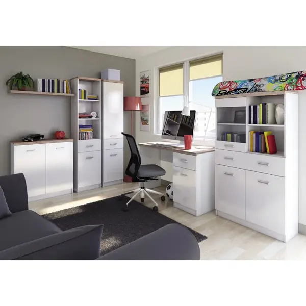 Set dormitor TOP MIX, 5 piese, birou, vitrina, 2 biblioteci, comoda, alb