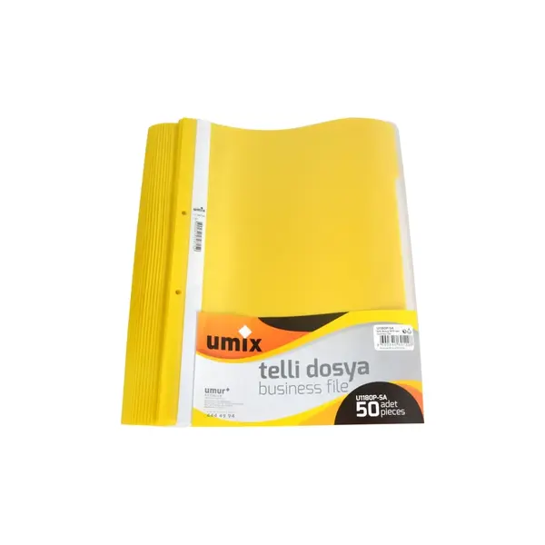 Set dosare plastic A4 cu sina si perforatii 50 buc/set x 10 seturi Umix Set dosare plastic A4 cu sina si perforatii 50 buc/set x 10 seturi Umix galben