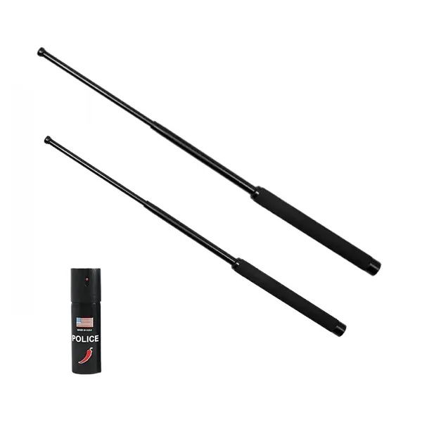 Set doua bastoane telescopice pliabile si spray paralizant chili, DEPOX , 51 cm 64 cm 60 ml, maner antiderapant, negru