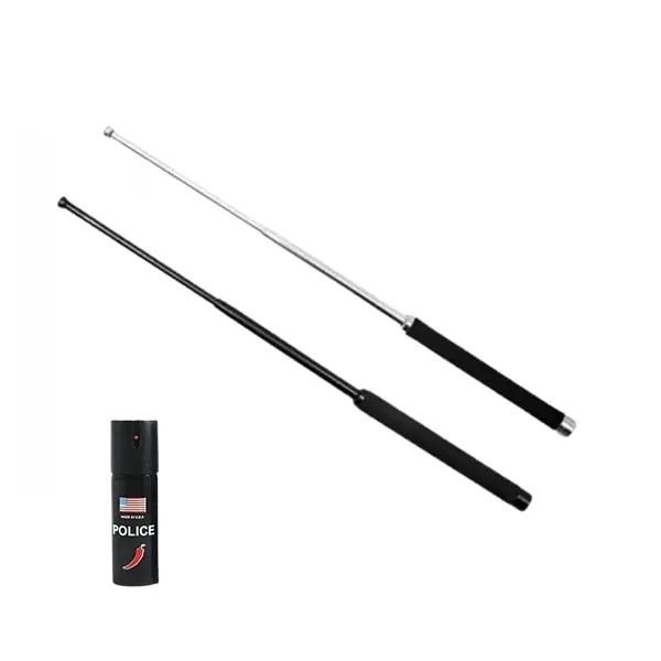 Set doua bastoane telescopice pliabile si spray paralizant chili, DEPOX , 51 cm 60 ml, maner antiderapant, argintiu negru