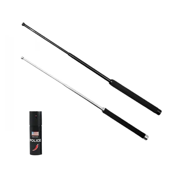 Set doua bastoane telescopice pliabile si spray paralizant chili, DEPOX , 64 cm 51 cm 60 ml, maner antiderapant, negru argintiu