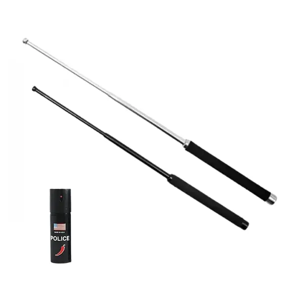 Set doua bastoane telescopice pliabile si spray paralizant chili, DEPOX , 51 cm 64 cm 60 ml, maner antiderapant, argintiu negru