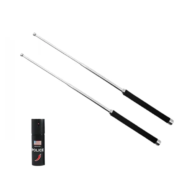 Set doua bastoane telescopice pliabile si spray paralizant chili DEPOX , 65 cm 60 ml , argintiu, husa inclusa