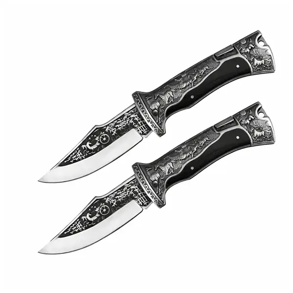 Set doua cutite pliabile de vanatoare, DEPOX , lama inox clip point, maner metal si lemn, negru, 23 cm