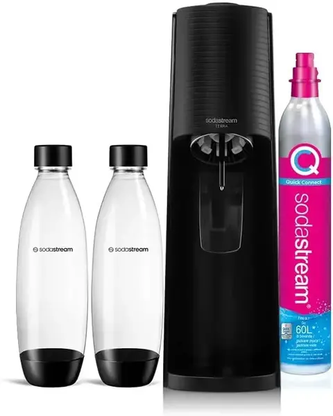 Set dozator de apa cu 2 sticle de apa SodaStream, Terra, 1 l, Aluminiu/Sticla (Transparent/Negru)