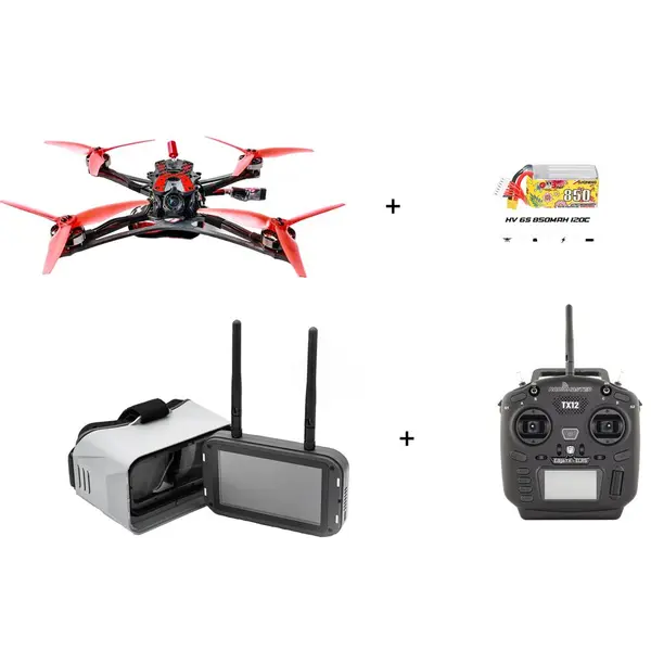 Set Drona profesionala pentru curse EMAX viteza 110 km/h, cu Google VR EMAX Transporter 2 HD, telecomanda RadioMaster TX12 si baterie drona 6S 850 mAh