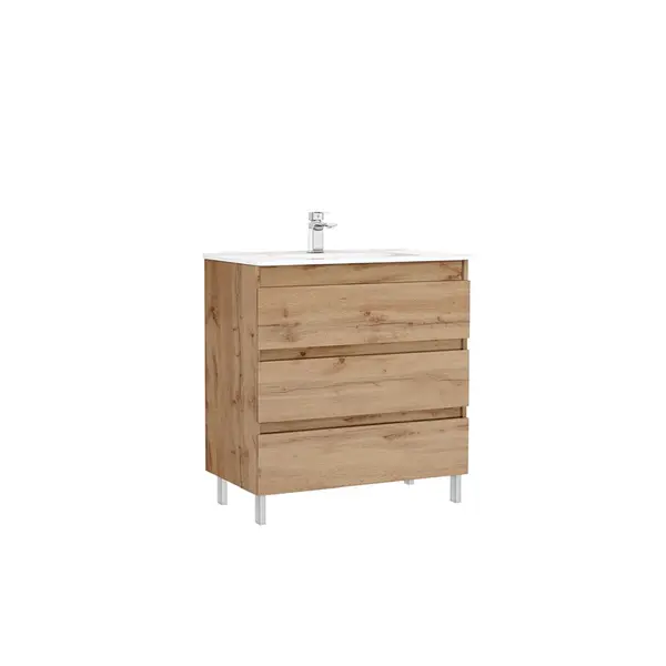 Set dulap baie 3 sertare Gala Daily cu lavoar inclus, 80 cm, stejar