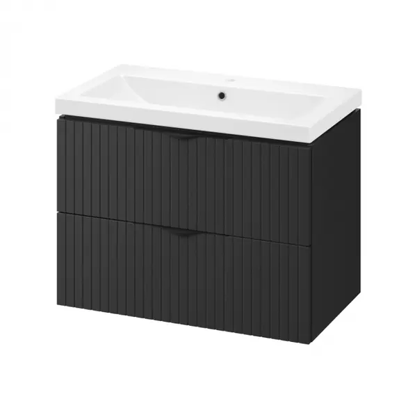 Set dulap baie negru mat, suspendat 2 sertare lavoar inclus, 80 cm, riflaje 3D, MDF, Tirso, Cersanit
