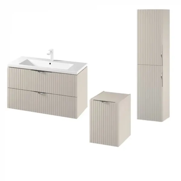 Set dulap baie suspendat 2 sertare si lavoar inclus 100 cm, dulap baie suspendat si dulap baie tip coloana, culoare casmir mat, MDF, Cersanit Tirso