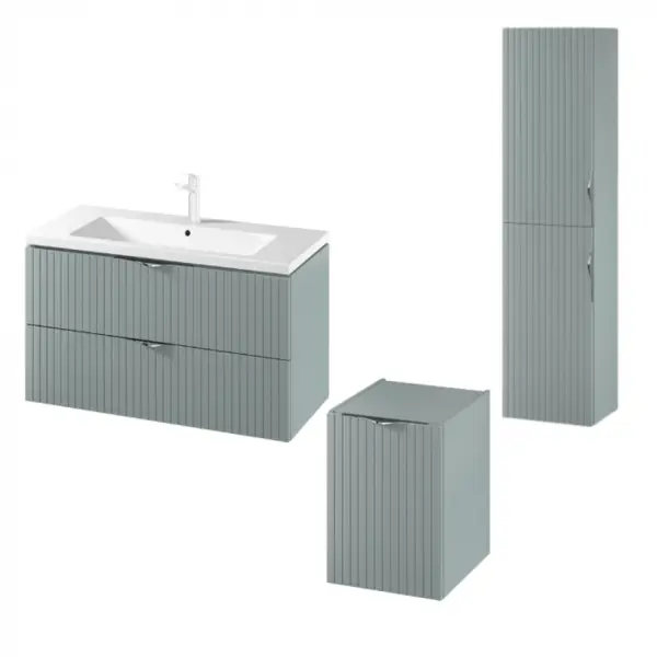 Set dulap baie suspendat 2 sertare si lavoar inclus 100 cm, dulap baie suspendat si dulap baie tip coloana, culoare fiord mat, MDF, Cersanit Tirso