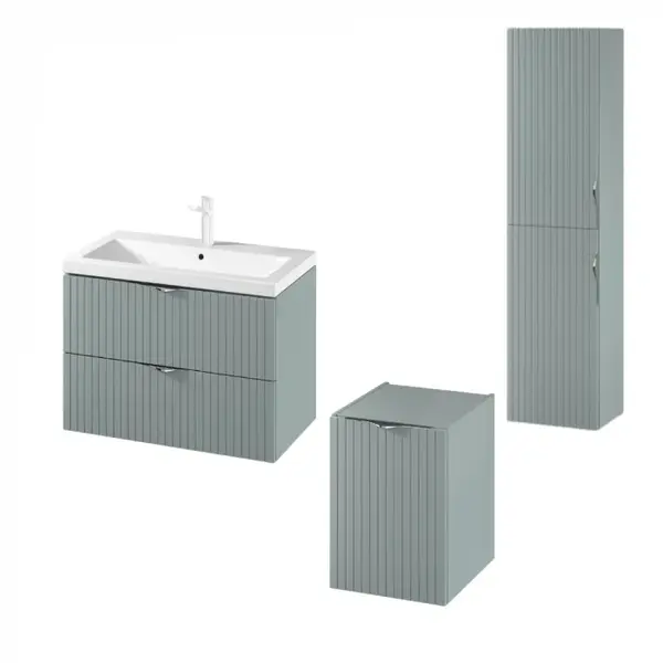 Set dulap baie suspendat 2 sertare si lavoar inclus 80 cm, dulap baie suspendat si dulap baie tip coloana, culoare fiord mat, MDF,Cersanit Tirso
