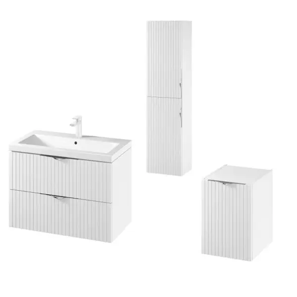 Set dulap baie suspendat 2 sertare si lavoar inclus 80 cm, dulap baie suspendat si dulap baie tip coloana, culoare alb mat, MDF,Cersanit Tirso