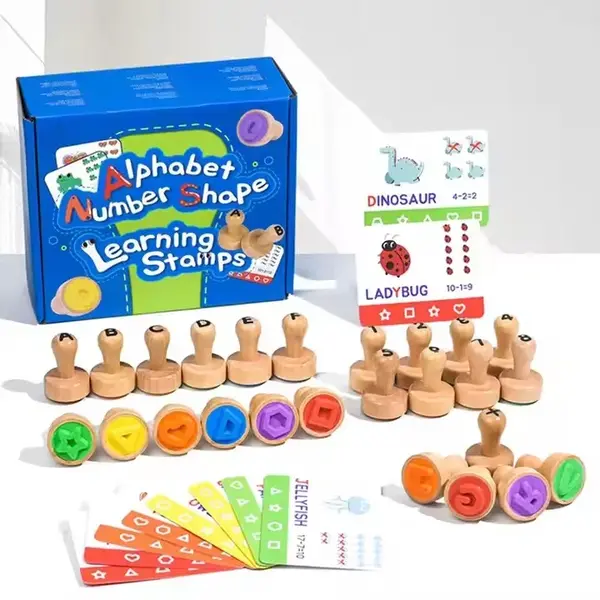 Set educativ de stampile din lemn pentru copii cu alfabet, cifre si forme