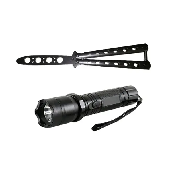 Set Electrosoc Lanterna tip Police 1000KV si Briceag fluture basic, 22 cm, argintiu