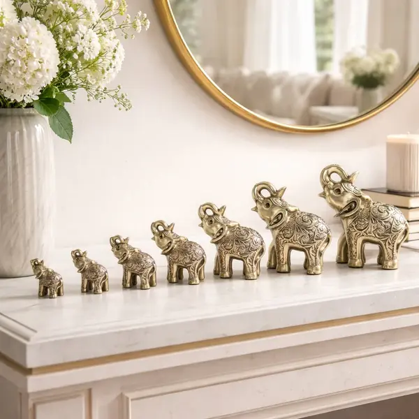 Set elefanti decorativi din rasina, 7 piese, Simbol al norocului si prosperitatii