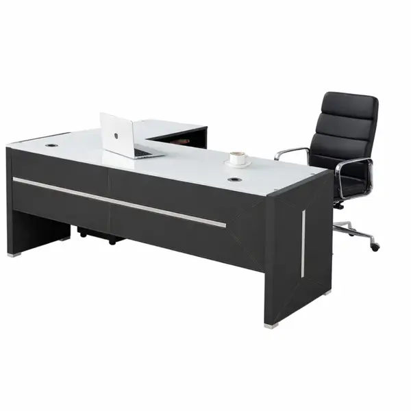Set Elegance & Qualia - Birou Managerial cu blat din sticla si Scaun de birou ergonomic ,reglabil din piele