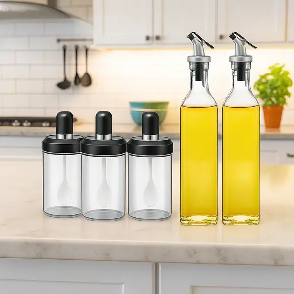 Set elegant pentru ulei, oțet și condimente – 2 sticle din sticlă 500 ml + 3 recipiente cu linguriță 250 ml
