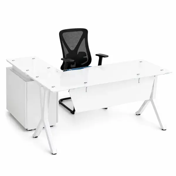 Set Evolution & Novaire - Birou cu blat din sticla,dulap lateral fix si Scaun de birou ergonomic cu spatar din plasa