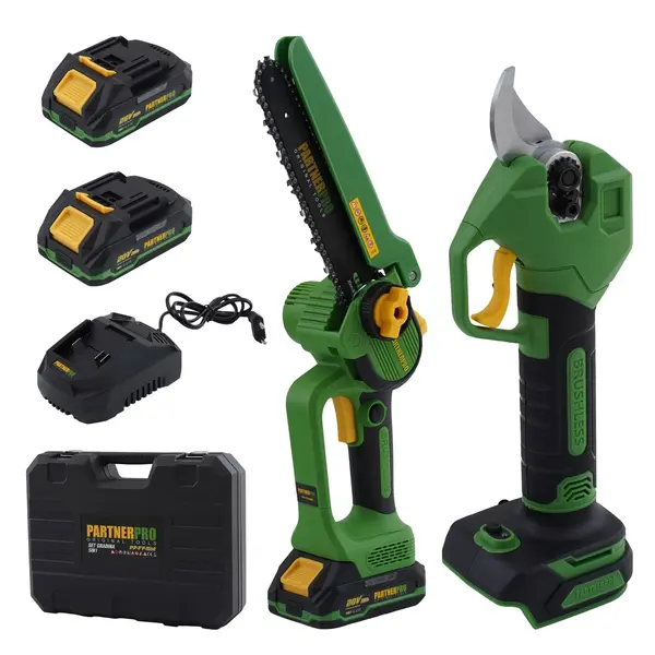 Set foarfeca de gradina si minifierastrau pe acumulator PartnerPRO, 20V 2Ah, 300 500W, Brushless, Geanta de transport