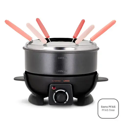 Set fondue Livoo DOC308, oala otel inoxidabil cu invelis antiaderent, 650W, temperatura reglabila, 6 furculite, capacitate 1.6l (Negru/Inox)
