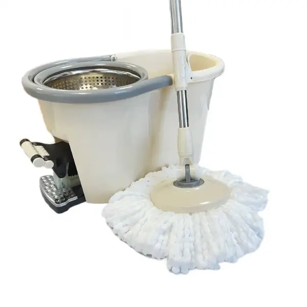 Set galeata cu pedala si mop rotativ PAA-home®, coada mop metal telescopica, 360 grade rotatie mop, cos stoarcere inox, 2 rezerve mop rotunde, culoare