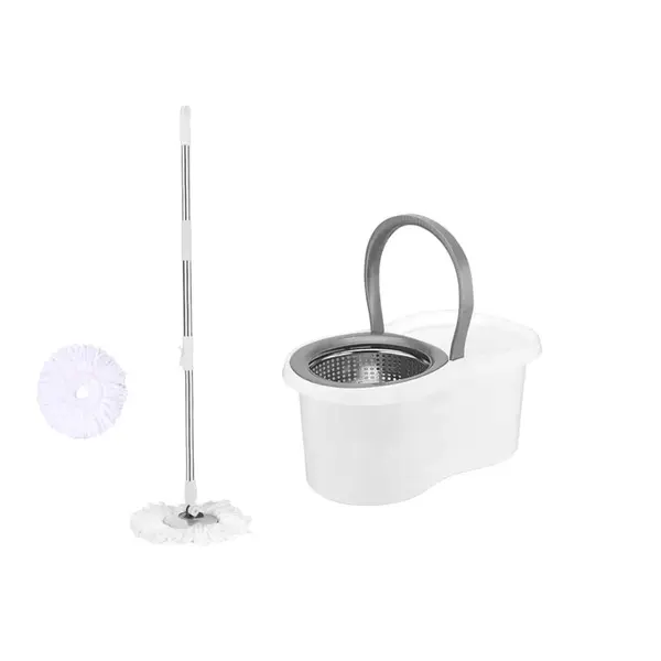 Set galeata cu storcator si mop rotativ PAA-home®, coada mop metal telescopia 360 grade rotatie, mop, cos stoarcere inox si 2 lavete microfibra rotund