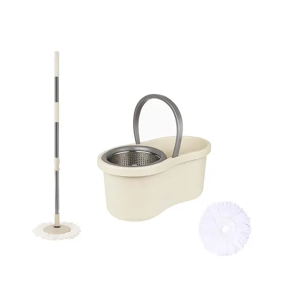 Set galeata cu storcator si mop rotativ PAA-home®, coada mop metal telescopia 360 grade rotatie, mop, cos stoarcere inox si 2 lavete microfibra rotund