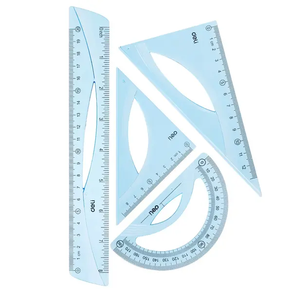 Set geometrie 4 piese albastru transparent Deli Set geometrie 4 piese albastru transparent Deli