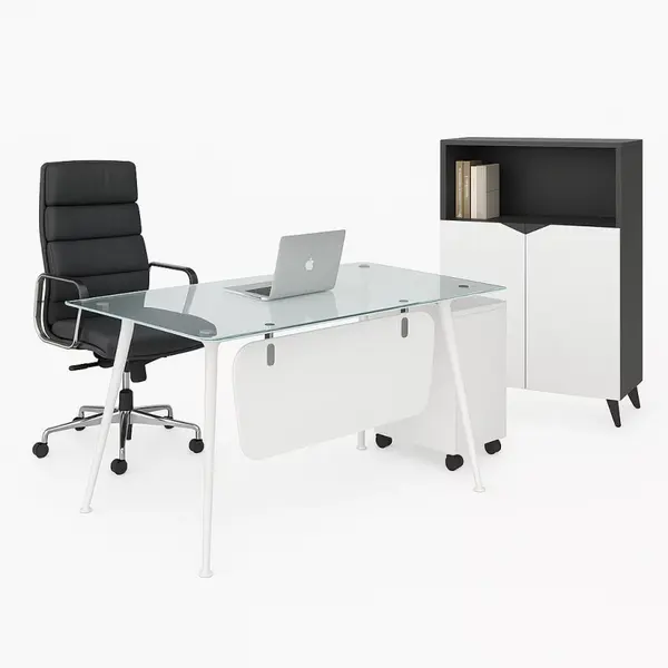 Set Glassy & Qualia - Birou cu blat din sticla, scaun ergonomic și comoda de depozitare