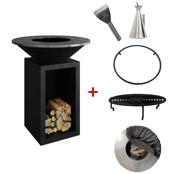 Set Gratar OFYR Original Corten 85cm Premium cu plita grosime mare pe lemne + Grilaj + Husa + Racleta + Spatula + Inel oprire + Cana ulei