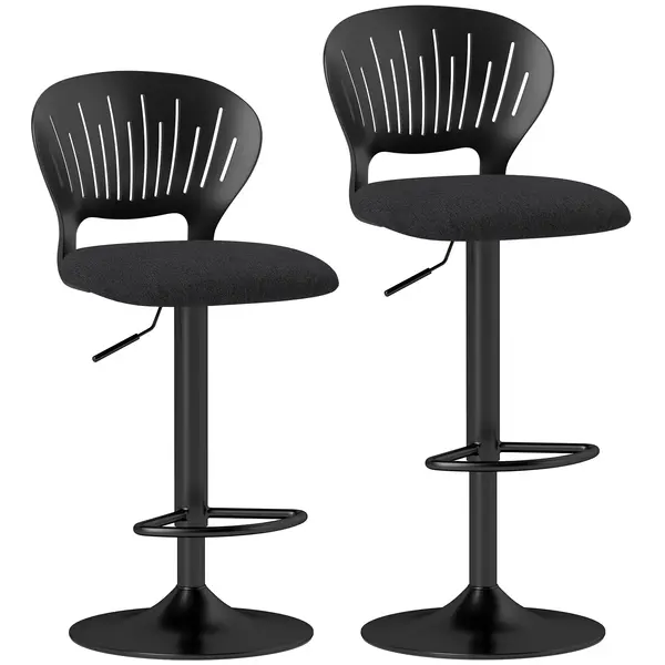 Set HOMCOM de 2 Scaune de Bar Reglabile, Scaune de Bucătărie Înalte din Țesătură Tip In cu Spătar, Suport pentru Picioare și Scaun Moale, Structură din Metal, Scaune de Bar Rotative la 360°, Negru | Aosom Romania