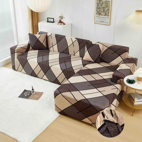 Set husa pentru coltar M + L, Elastica, Jojo Home, Bej, Maro, Forme Geometrice