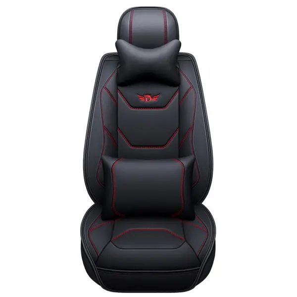 Set huse scaune auto, universale, editie de lux, material piele ecologica, scaune fata, spate, tetiere, volan, perna lombara, perna pentru cap, culoare negru cu linii rosii, 16 piese
