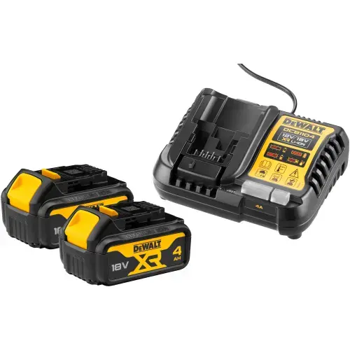 Set incarcator rapid si acumulatori DeWALT DCB1104M2, 18V XR, include incarcator rapid DCB1104 12V/18V - 4A si 2x acumulator Li-Ion 4Ah DCB182, compatibili cu toate uneltele din gama XR