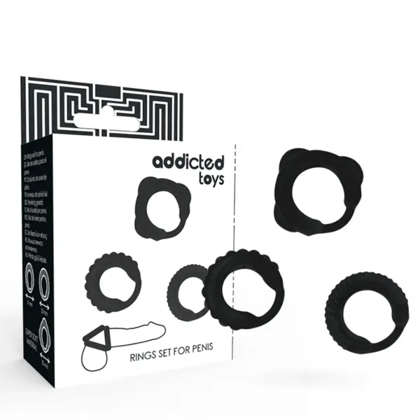 Set inele pentru penis Addicted Toys pentru erecție fermă și întârzierea ejaculării, culoare neagră, 3 bucăți