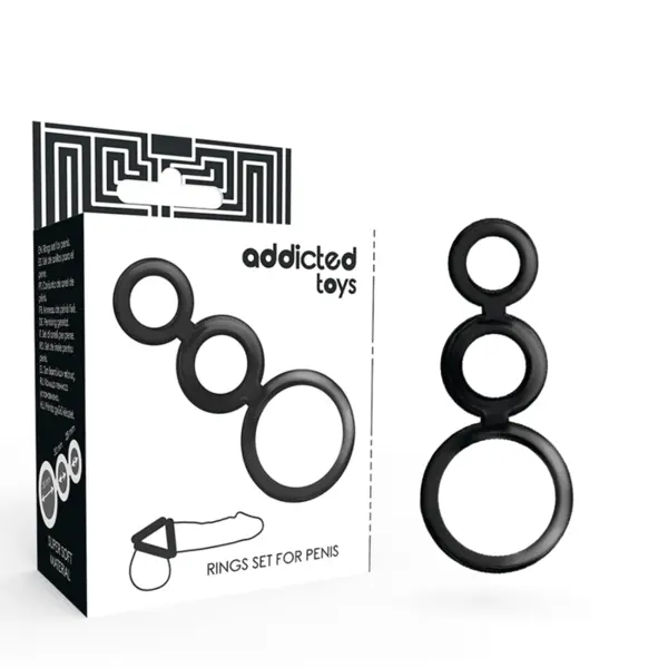 Set inele pentru penis Addicted Toys pentru susținerea erecției și întârzierea ejaculării, culoare neagră, 3 bucăți