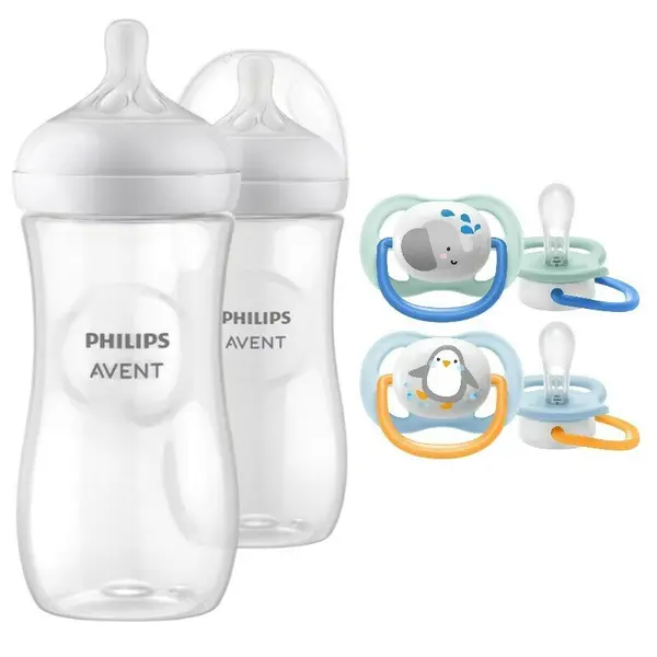 Set ingrijire Philips Avent: Biberon anticolici, Natural Response, 330 ml, 3 luni+, 2 buc + Suzete Ultra air, 0-6 luni, 2 buc, Din silicon, Albastru/Portocaliu