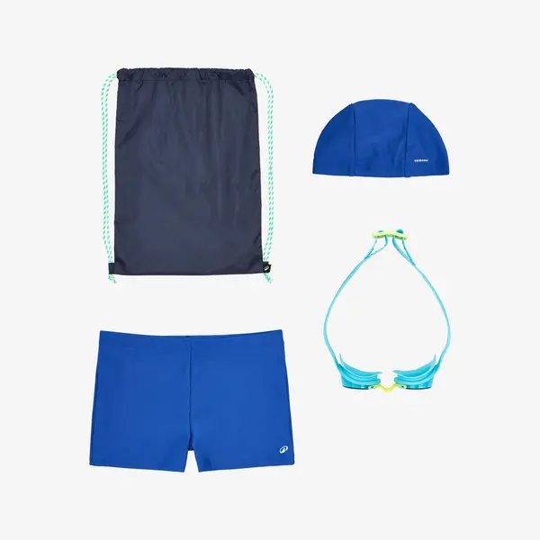 Set înot Băieți: costum de baie, ochelari, cască, geantă - 100 Albastru
