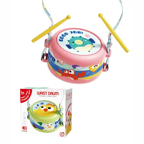 Set instrumente muzicale copii 5 piese - toba, xilofon, maracas, tamburina si corn Roz