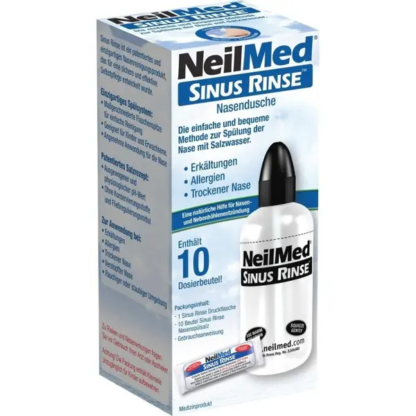 Set Irigator Nazal si Solutie Salina, Neilmed, Sinus Rinse, Curatare Sinusuri, Decongestie Nazala, 240ml, 10 plicuri (2.4gr)