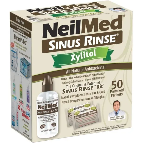 Set Irigator Nazal si Solutie Salina, NeilMed, Sinuse Rinse, pentru Curatare Sinusuri si Decongestie Nazala, cu Xylitol, Capacit