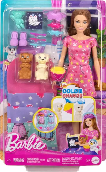 Set joc Barbie Color Change -Petrecere în pijamale cu cățeluși Barbie